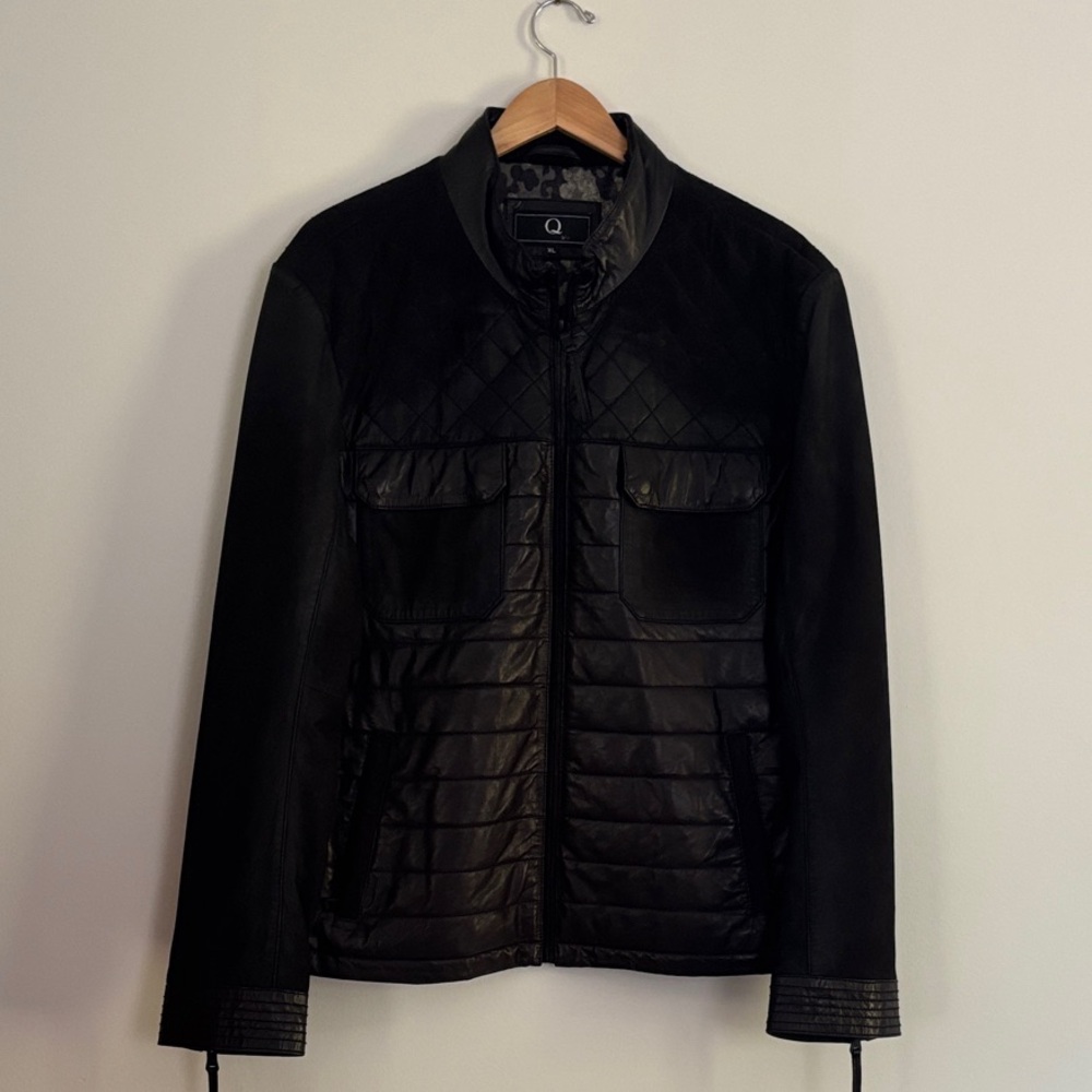 Men's Black Leather Bomber Jacket XL